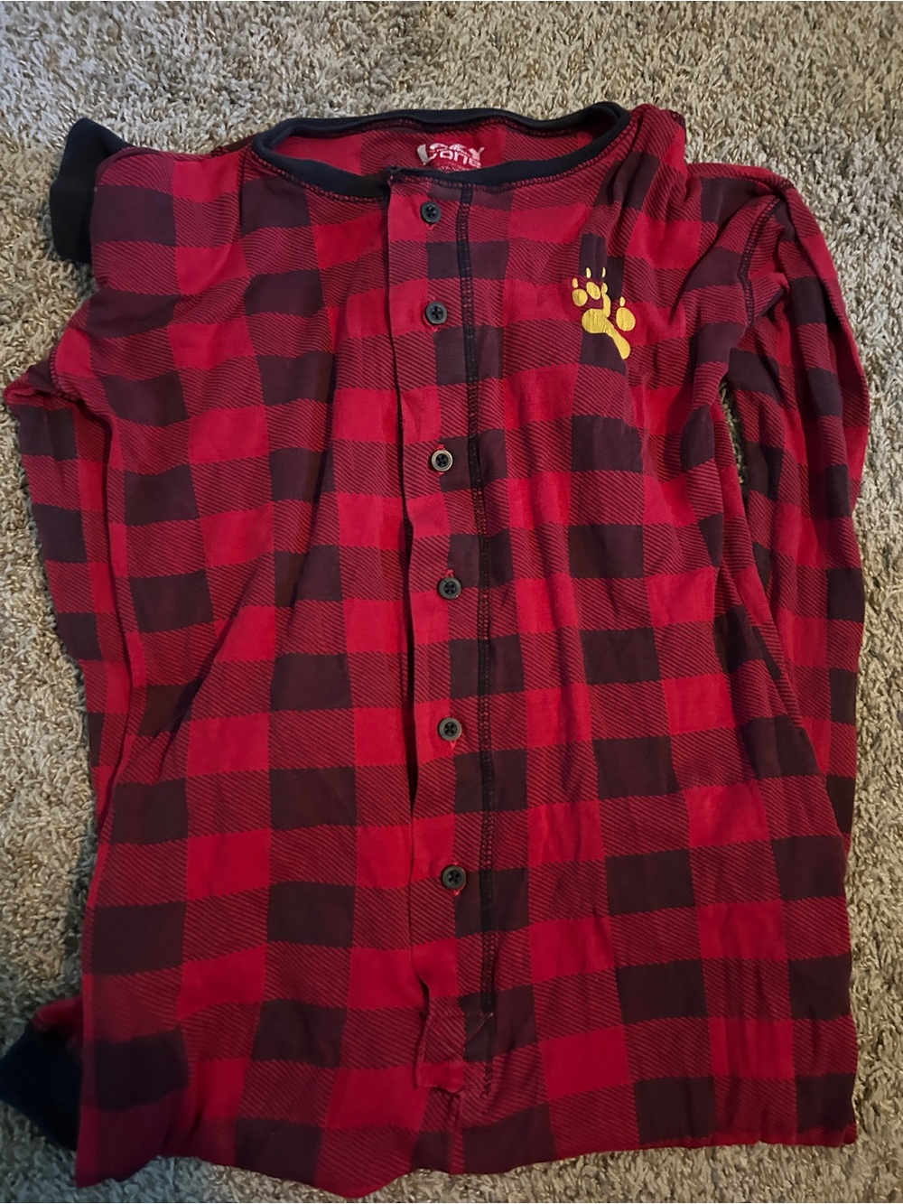 Kids Red Buffalo Plaid Button-Front Pajama Top with Yellow Paw Accent